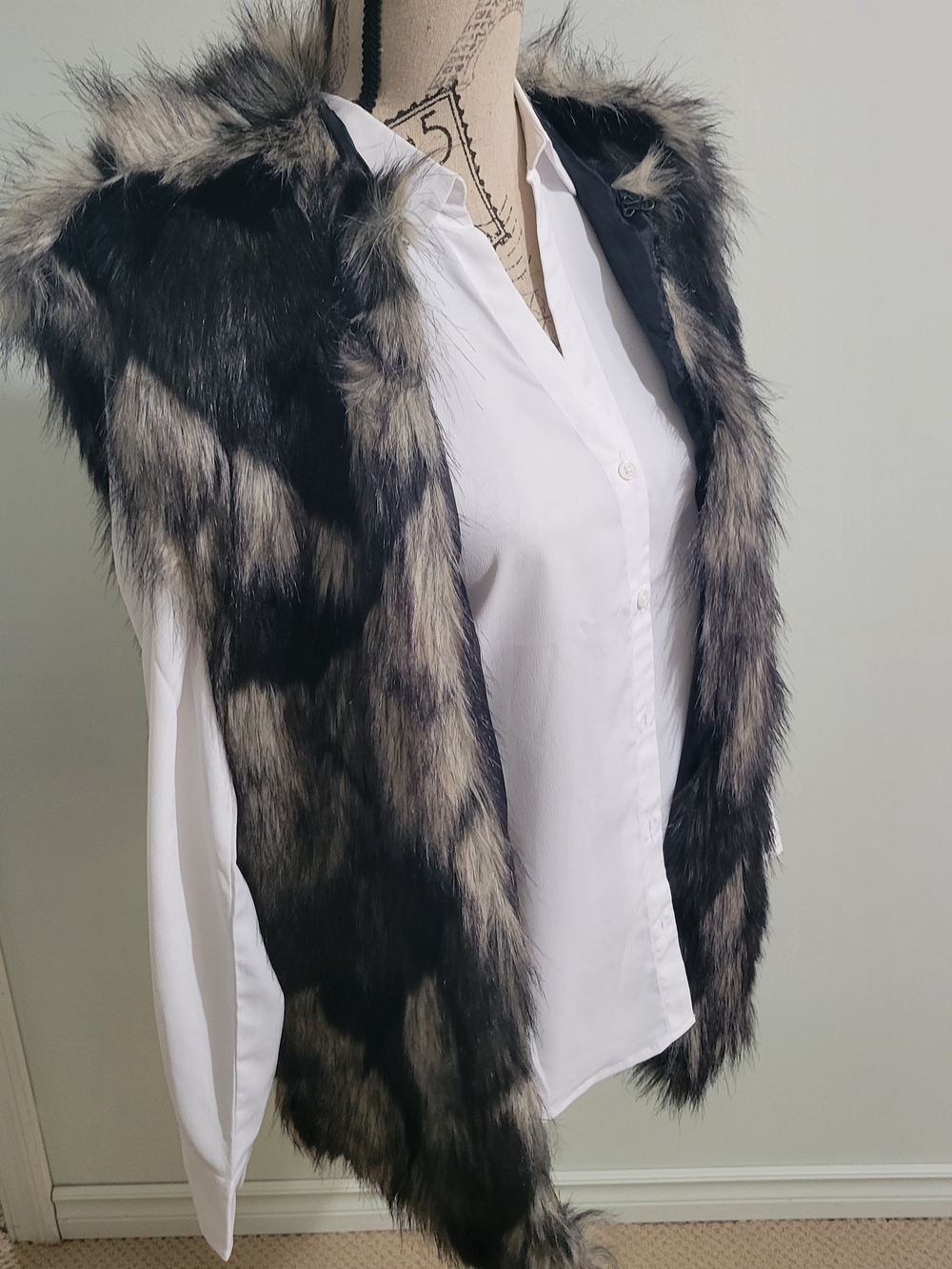 Faux Fur Hooded Vest in Black and Gray